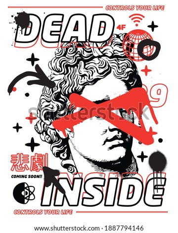 Dead inside slogan Translation: "Tragedy" with statue and smile shapes for t-shirt graphics, banner, fashion prints, slogan tees, stickers, flyer, posters and other creative uses