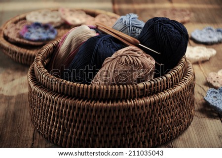 Box of yarn and handmade crocheted flowers