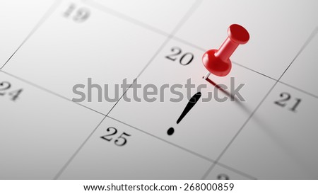 Concept image of a Calendar with a shiny red push pin. Closeup shot of a thumbtack attached.