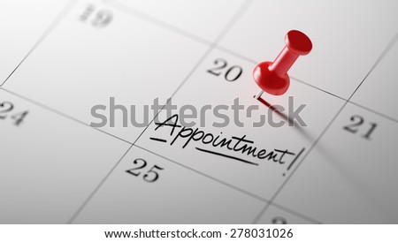 Concept image of a Calendar with a red push pin. Closeup shot of a thumbtack attached. The words Appointment written on a white notebook to remind you an important appointment.