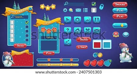 Hand-drawn 100 vector image. Digital illustration. Set ice buttons, progress bars, bars objects, boosters and other elements for web design and user interface of computer games Cheerful WInter
