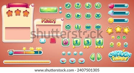 Hand-drawn 100 vector image. Digital illustration.  Set buttons, progress bars, bars objects, boosters and other elements for web design and user interface of computer game Cartoon Candy