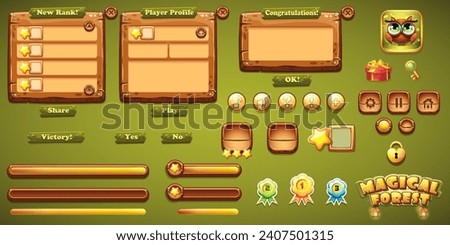 Hand-drawn 100 vector image. Digital illustration. Set wooden buttons, progress bars, bars objects, boosters and other elements for web design and user interface of computer games Magical Forest