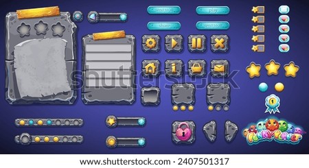 Hand-drawn 100 vector image. Digital illustration.  Set stone buttons, progress bars, bars objects, boosters and other elements for web design and user interface of computer games Funny Planet