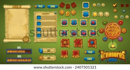 Hand-drawn 100 vector image. Digital illustration.  Set buttons, progress bars, bars objects, boosters and other elements for web design and user interface of computer game Treasures Jungle