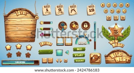 Hand-drawn 100 vector image. Digital illustration. Set buttons, progress bars, bars objects, boosters and other elements for web design and user interface of computer game Wild West