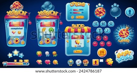 Hand-drawn 100 vector image. Digital illustration. Set buttons, progress bars, bars objects, boosters and other elements for web design and user interface of computer game Sweet World