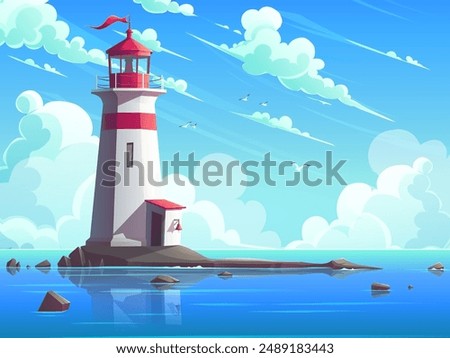 Hand-drawn 100 vector image. Digital illustration. Lighthouse in the sea. Vector cartoon illustration of ocean landscape with lighthouse and building on the cliff. 