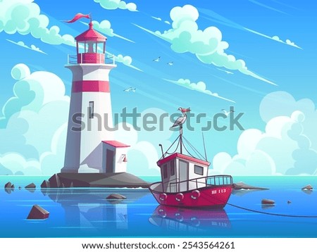 Hand-drawn 100 vector image. Digital illustration. Fishing boat in the sea in front of the lighthouse on the rock.  Blue sky and barge on the water vector landscape. Ship with a pelican