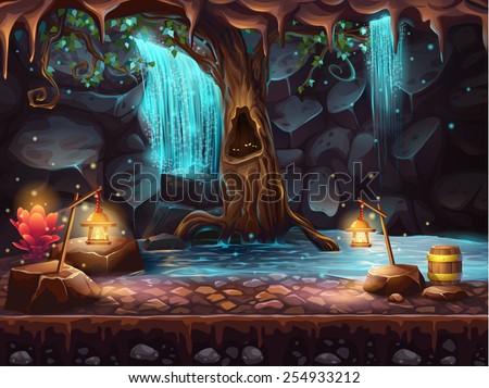 Cave with a waterfall - magic tree and barrel of gold