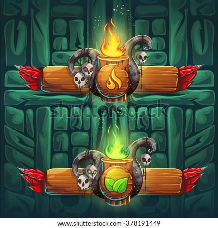 Set shaman boosters - symbols of the four elements. The characters of the clan, tribe, vector illustration cartoon style. To create video games and web.