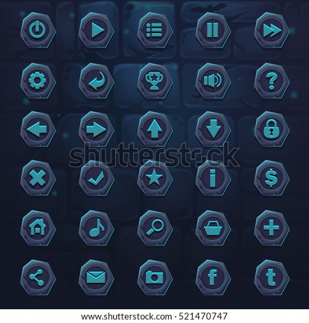 Set dark ice blue buttons on background stone and brick wall. Vector illustration for web video game