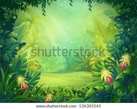 Vector cartoon illustration of background morning jungle. Bright jungle with ferns and flowers. For design game, websites and mobile phones, printing.