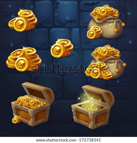 Set of wooden chests with coins for the game UI. Vector cartoon illustration of a bunch of mountains of gold coins on the background of dark brick. Full, empty chest, bag with coins. 商業照片 © 