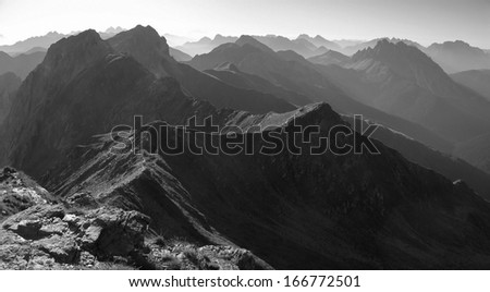 Austrian Alps, Italian Alps, Carnic Alps, morning haze in black and white