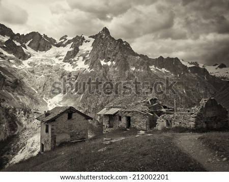 Western Alps, Italian Alps, French Alps, mountain hut with view to the Mont Blanc massif from the italian side