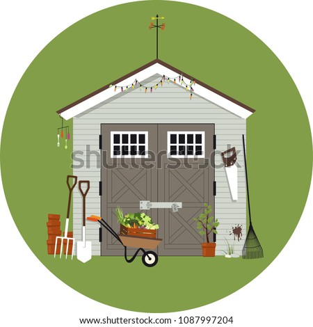 Garden shed with gardening tools around it, EPS 8 vector illustration, no transparencies  商業照片 © 