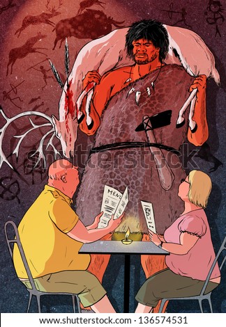 Caveman diet, illustration. Caveman bringing a deer carcass to an overweight middle age couple at the restaurant that looks like a cave. Ink and brush hand-drawn and colored digitally.