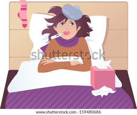 Flu or common cold treatment at home. Cute sick woman with fever in bed at home, taking temperature, with an ice pack on her head and a box of paper tissues on her side. EPS8, no transparencies 