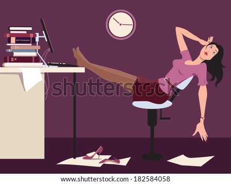 Working Late. Tired Woman Sitting At The Desk In An Office Late At ...