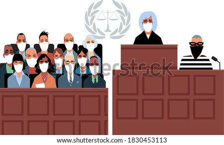 Courtroom with a jury, judge and a defendant, all wearing face covering due to a pandemic, EPS 8 vector illustration