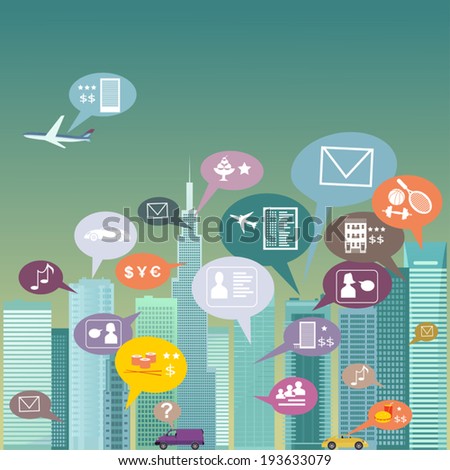 City social network. Urban landscape filled with social network icons, vector illustration, no transparencies 