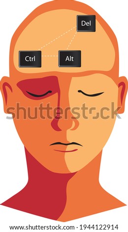 Human head with Control-Alt-Delete command as a metaphor for rebooting brain, EPS 8 vector illustration