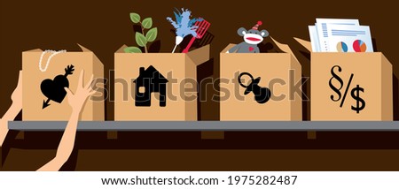 Woman compartmentalizing her emotions putting different parts of her life in different boxes, EPS 8 vector illustration 商業照片 © 