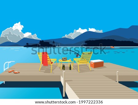 A wooden deck with a set of furniture and fishing tools, beautiful summer lake landscape on the background, EPS 8 vector illustration
