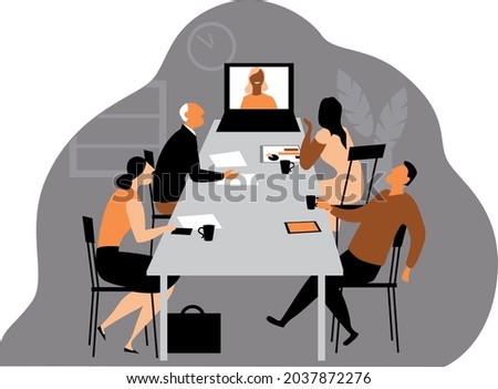 Hybrid workplace company holding a meeting where some employees participating via online video conference, EPS 8 vector illustration