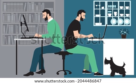 Man in hybrid work place sharing his time between an office and working from home remotely, EPS 8 vector illustration	
