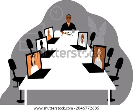 Hybrid workplace company holding a meeting where most employees participating via online video conference, EPS 8 vector illustration	