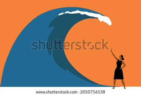 Strong woman withstanding a tsunami wave as a metaphor for everyday stress and life challenges, EPS 8 vector illustration