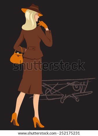 Woman dressed in 1940s fashion on the airfield, wartime biplane on the background