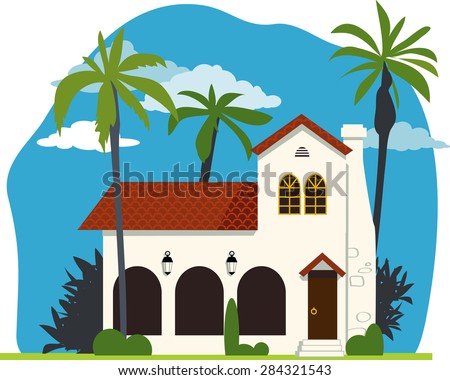 Spanish colonial or mission revival house vector illustration, no transparencies, EPS 8