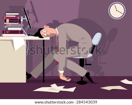 Exhausted man sitting in the office late at night, putting his head on the desk, vector illustration, ESP 8, no transparencies