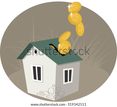 Home equity. A penny bank in a form of  house, coins pouring in it, symbolizing paying off a mortgage or investment in real estate, vector illustration, no transparencies