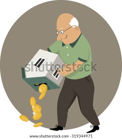 Reverse mortgage. An elderly man holding a piggy bank in a form of a house upside down, money pouring out, EPS 8 vector cartoon, no transparencies