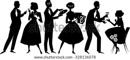 Vector silhouette of people dressed in 1950s fashion at the party, socializing, EPS 8, no white objects, black only 