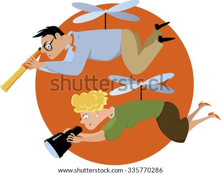 Helicopter parents hovering with a telescope and a binoculars, EPS 8 vector illustration
