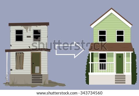 Old, rundown house turned into a nice new two-story home, EPS 8 vector illustration