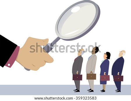 Business people standing in line under a magnifying glass, as a metaphor for employee performance evaluation, EPS 8 vector illustration, no transparencies