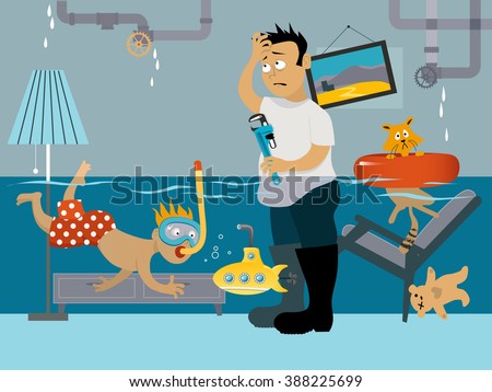 Kid snorkeling in a flooded room, his father looking at the leaking plumbing, EPS 8 vector illustration
