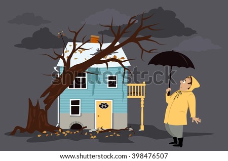 Upset homeowner standing in front of a house damaged by a fallen tree, EPS 8 vector illustration, no transparencies