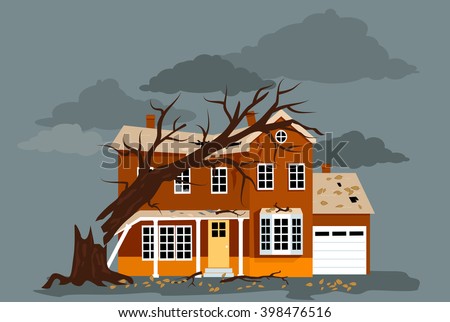 House damaged by a fallen tree, EPS 8 vector illustration, no transparencies