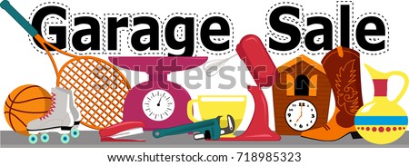 Garage sale banner with assorted household and sport items lying on a table, isolated on white, EPS 8 vector illustration, no transparencies