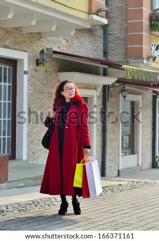 A woman walking in the commercial walk street, carrying shopping bag in his hand