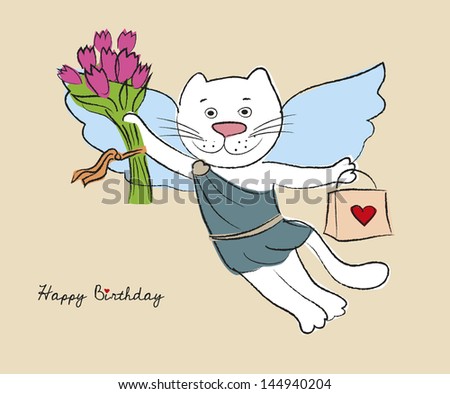 Happy birthday card with white kitty