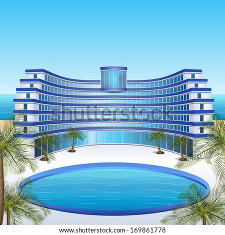 icon hotel with blue balconies, sea, sun, palm trees