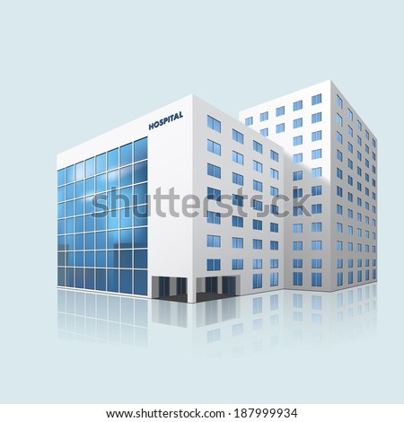 city hospital building with reflection on a blue background